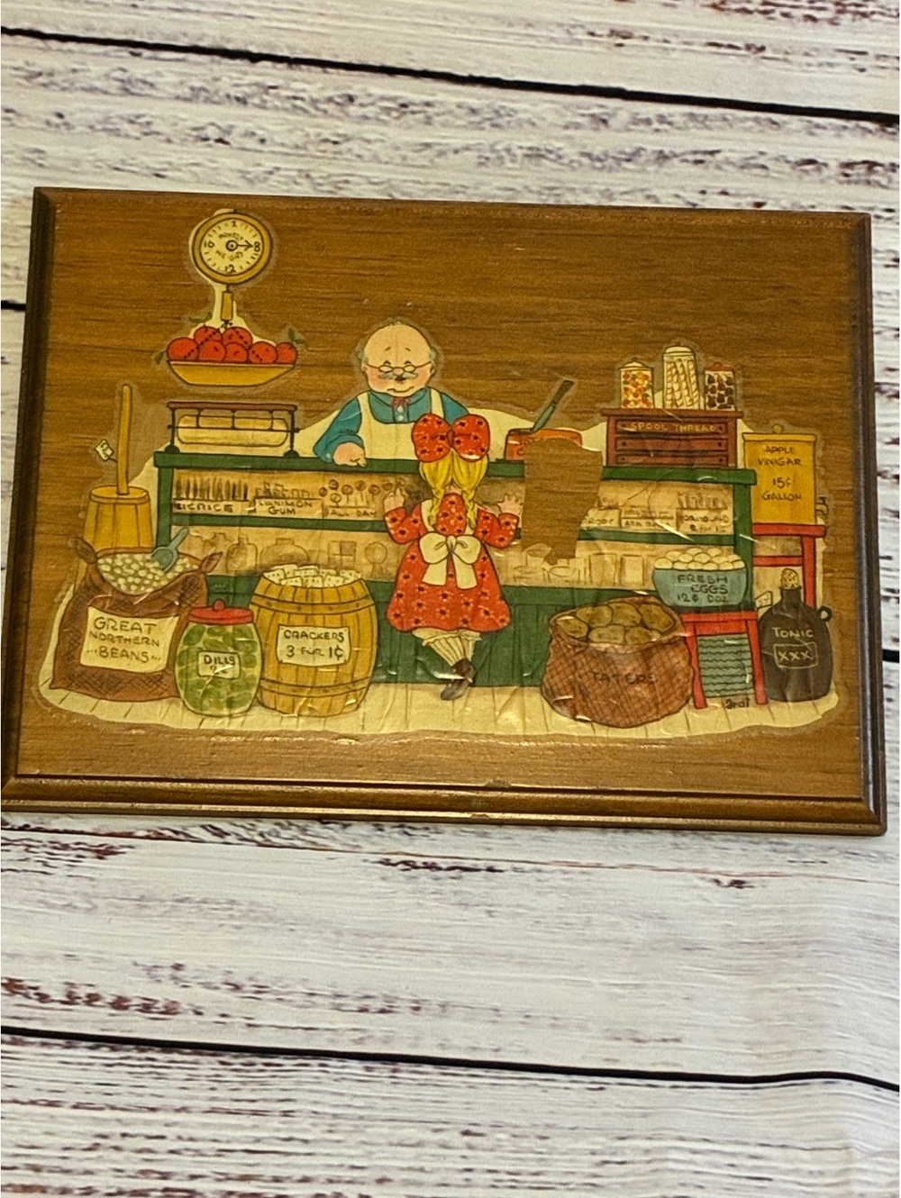 Vintage Folk Art Country Store Wooden Wall Plaque Pine 799